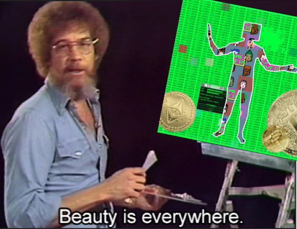 Bob Ross, painting, with a crypto-covered figure and ETH and BTC coins collaged over the canvas