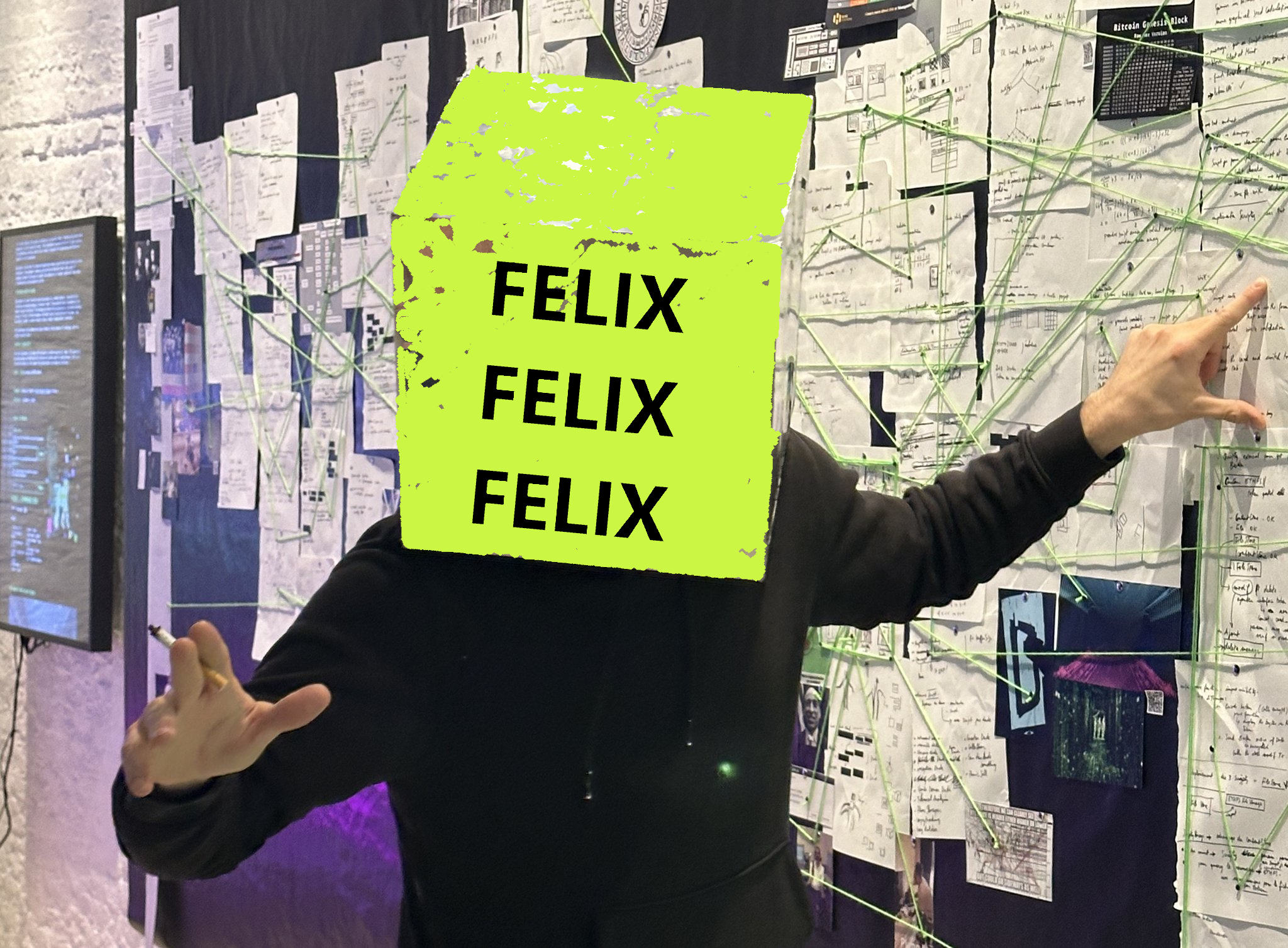 Felix, face replaced by a glitched FELIXFELIXFELIX cube, in front of an investigation wall