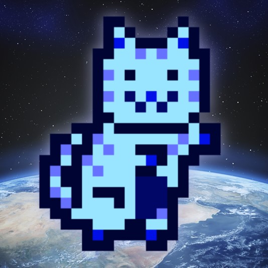 A pixel MoonCat drifting above Earth